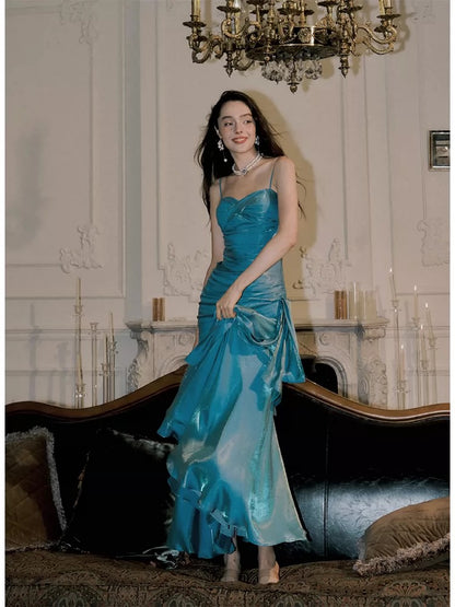 Simple Mermaid Spaghetti Straps Blue Satin Inspiration Long Wedding Party Prom Guest Dresses N2092