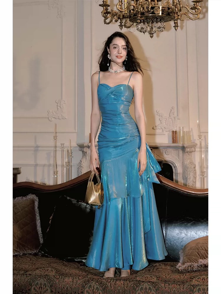 Simple Mermaid Spaghetti Straps Blue Satin Inspiration Long Wedding Party Prom Guest Dresses N2092