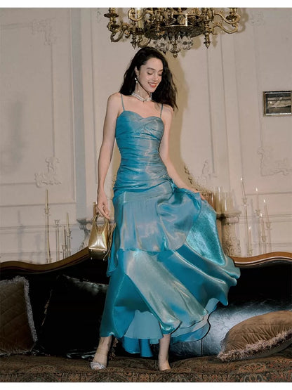 Simple Mermaid Spaghetti Straps Blue Satin Inspiration Long Wedding Party Prom Guest Dresses N2092