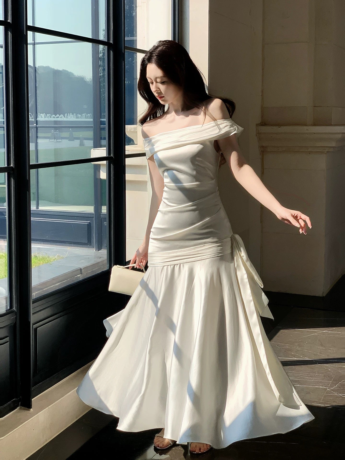 Simple Mermaid Off The Shoulder White Satin Pleated Inspiration Long Wedding Party Guest Dresses N2093