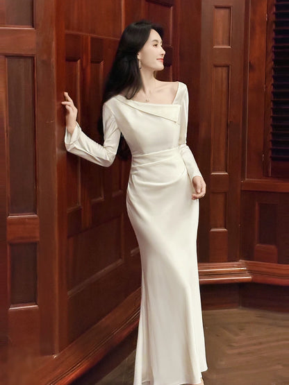 Simple Mermaid Off The Shoulder White Satin Inspiration Long Sleeves Wedding Party Guest Dresses N2094