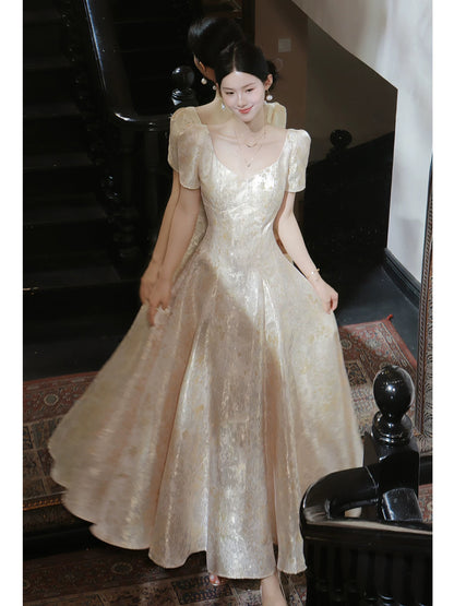 Simple A line Satin Gold Lace Inspiration Long Wedding Party Prom Guest Dresses N2095