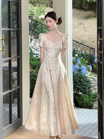 Simple A line Satin Gold Lace Inspiration Long Wedding Party Prom Guest Dresses N2095