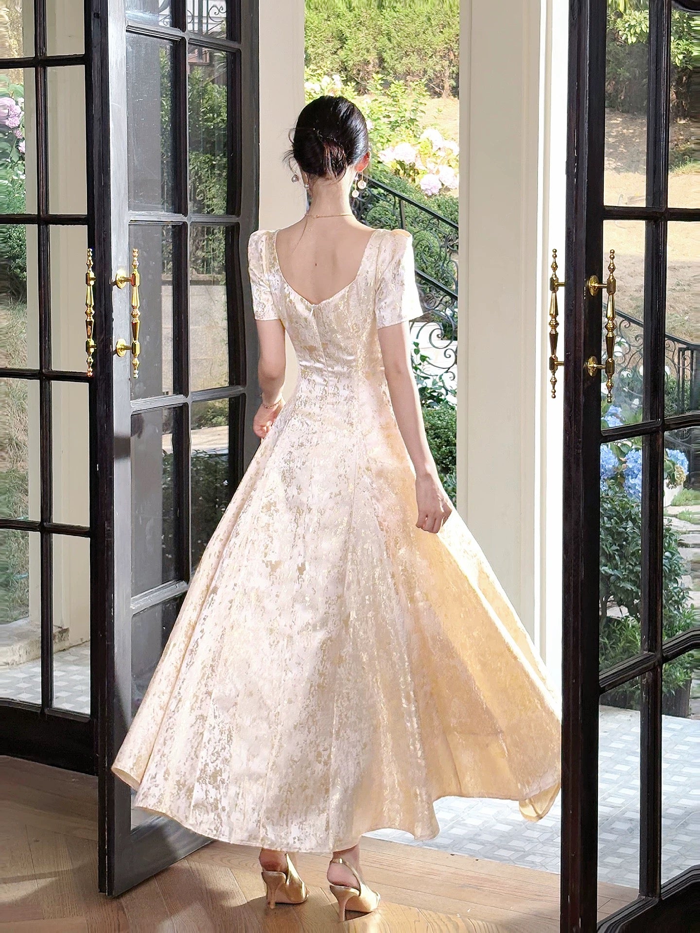 Simple A line Satin Gold Lace Inspiration Long Wedding Party Prom Guest Dresses N2095