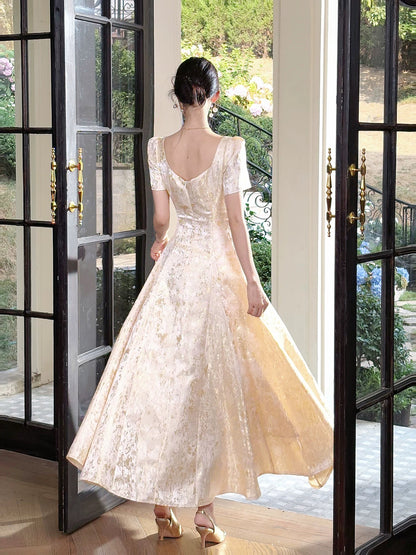 Simple A line Satin Gold Lace Inspiration Long Wedding Party Prom Guest Dresses N2095