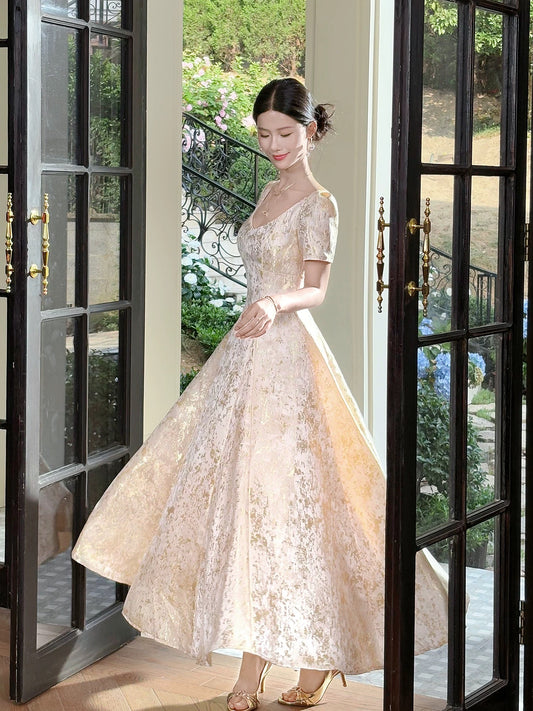 Simple A line Satin Gold Lace Inspiration Long Wedding Party Prom Guest Dresses N2095