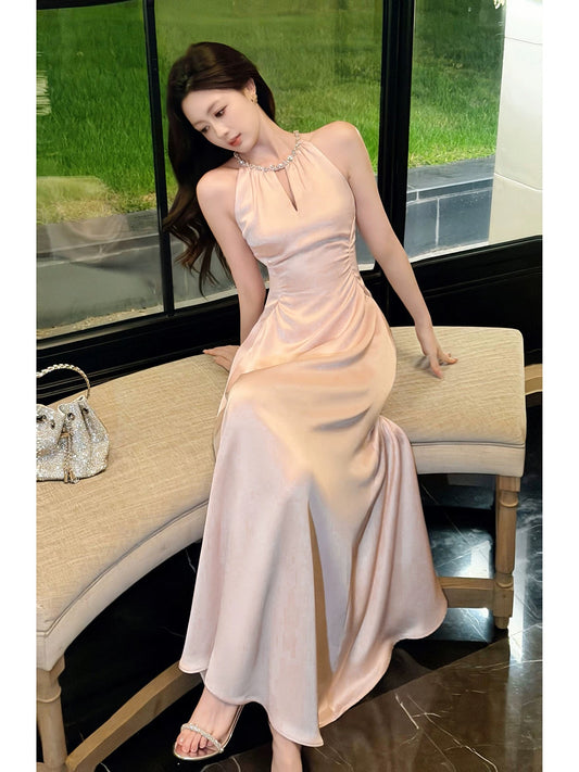 Simple A line Satin Pink Scoop Inspiration Long Wedding Party Prom Guest Dresses N2096