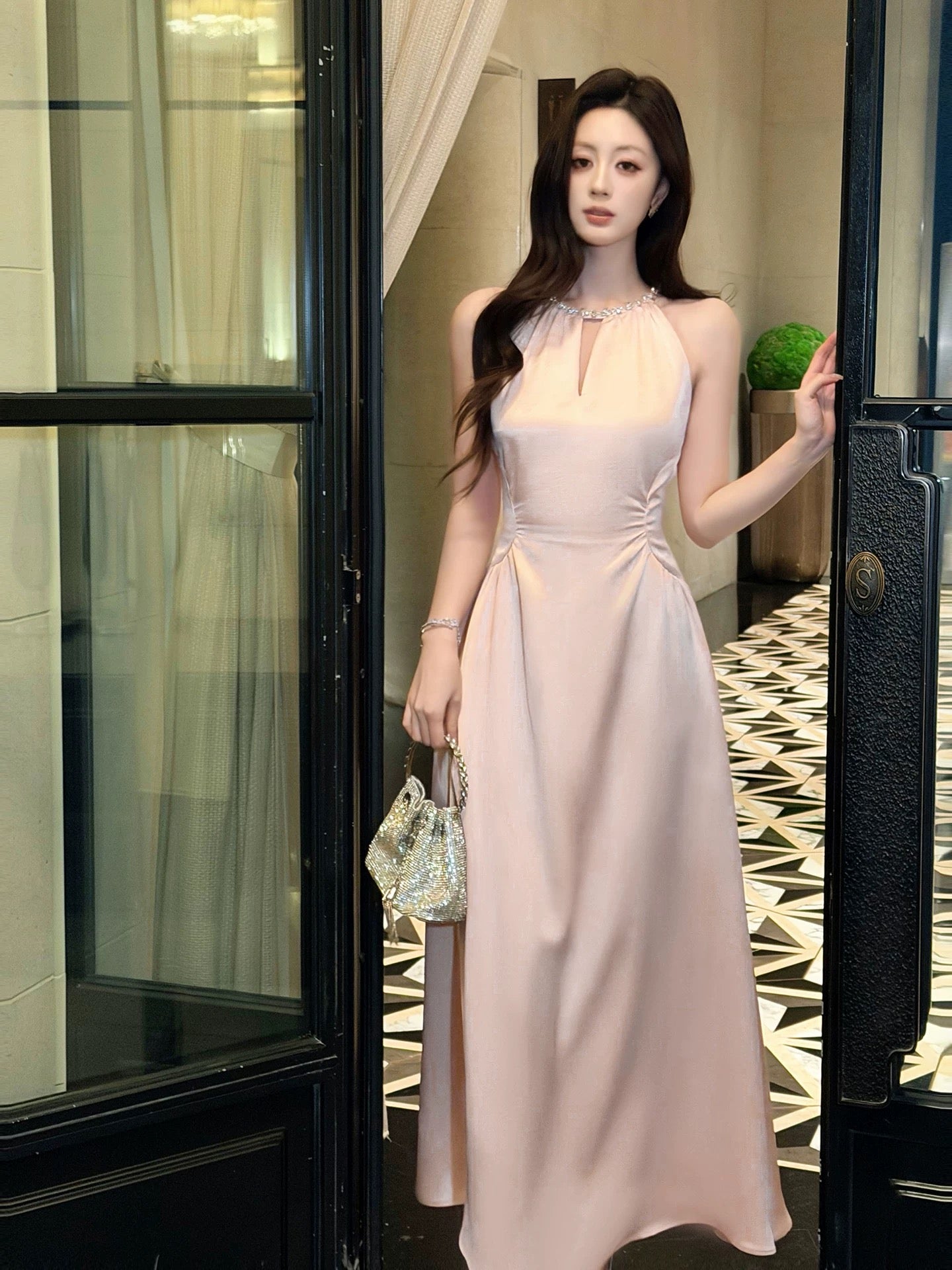 Simple A line Satin Pink Scoop Inspiration Long Wedding Party Prom Guest Dresses N2096