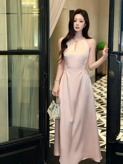 Simple A line Satin Pink Scoop Inspiration Long Wedding Party Prom Guest Dresses N2096
