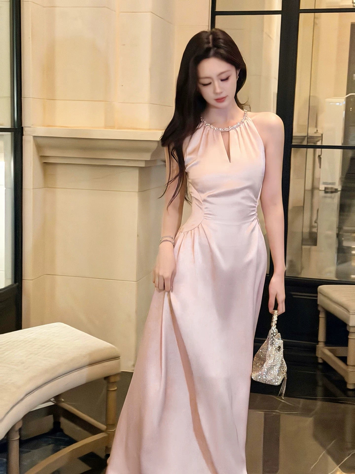 Simple A line Satin Pink Scoop Inspiration Long Wedding Party Prom Guest Dresses N2096