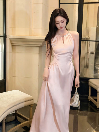 Simple A line Satin Pink Scoop Inspiration Long Wedding Party Prom Guest Dresses N2096