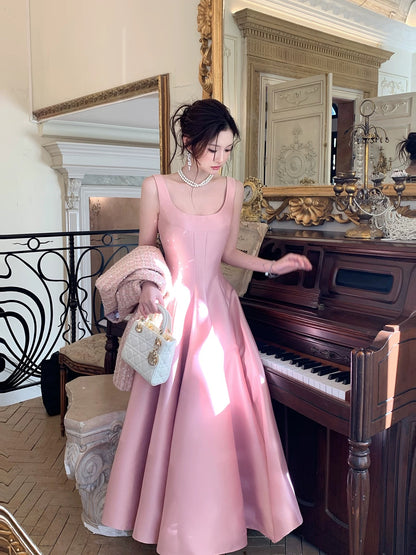 Simple A line Square Neck Satin Pink Inspiration Long Wedding Party Prom Guest Dresses N2097