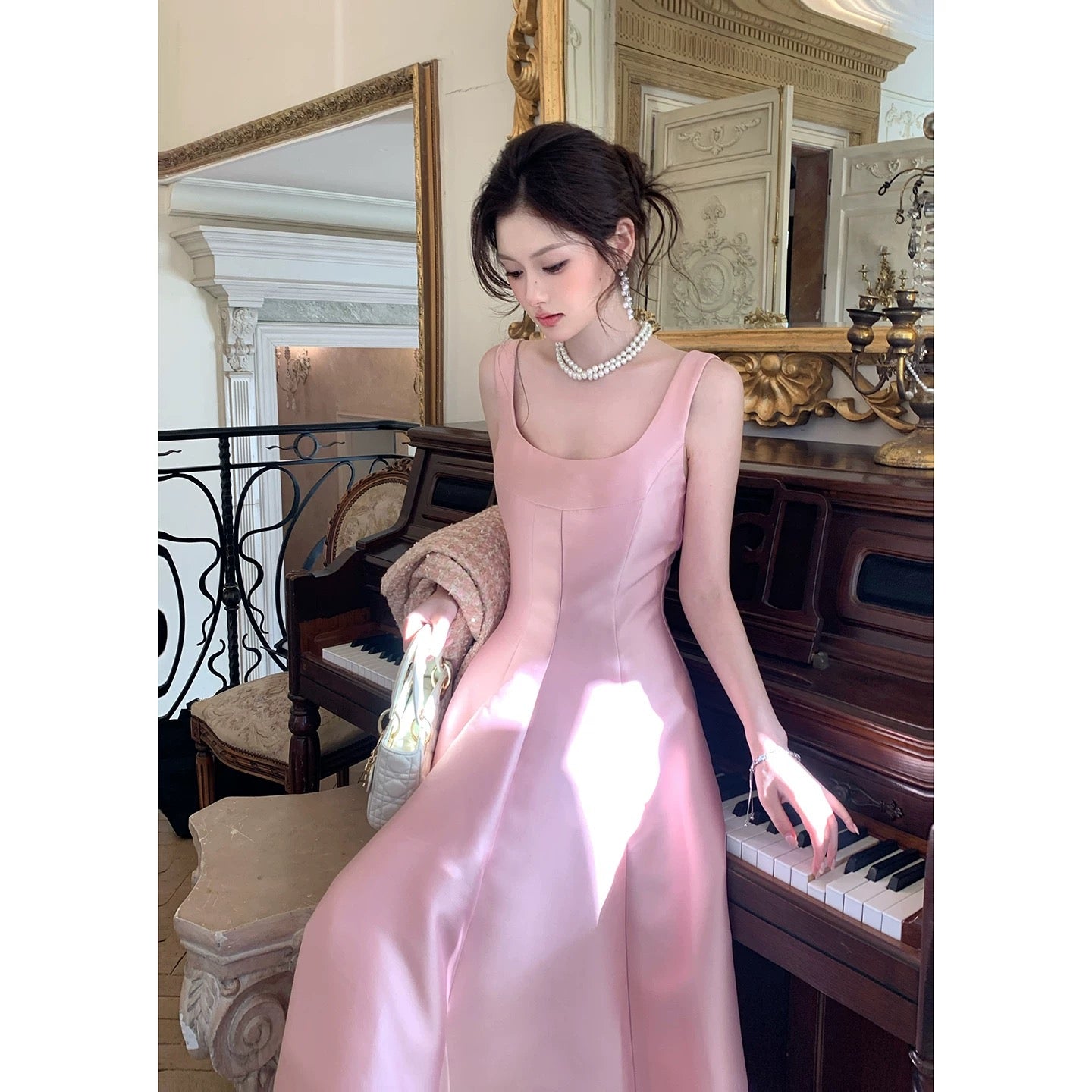 Simple A line Square Neck Satin Pink Inspiration Long Wedding Party Prom Guest Dresses N2097