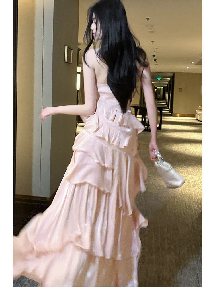 Modest French Style A line Scoop Pink Tiered Layers Fashion Women Long Formal Outfits Prom Dresses N2098