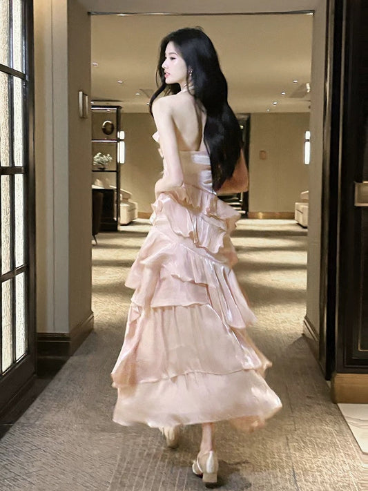 Modest French Style A line Scoop Pink Tiered Layers Fashion Women Long Formal Outfits Prom Dresses N2098