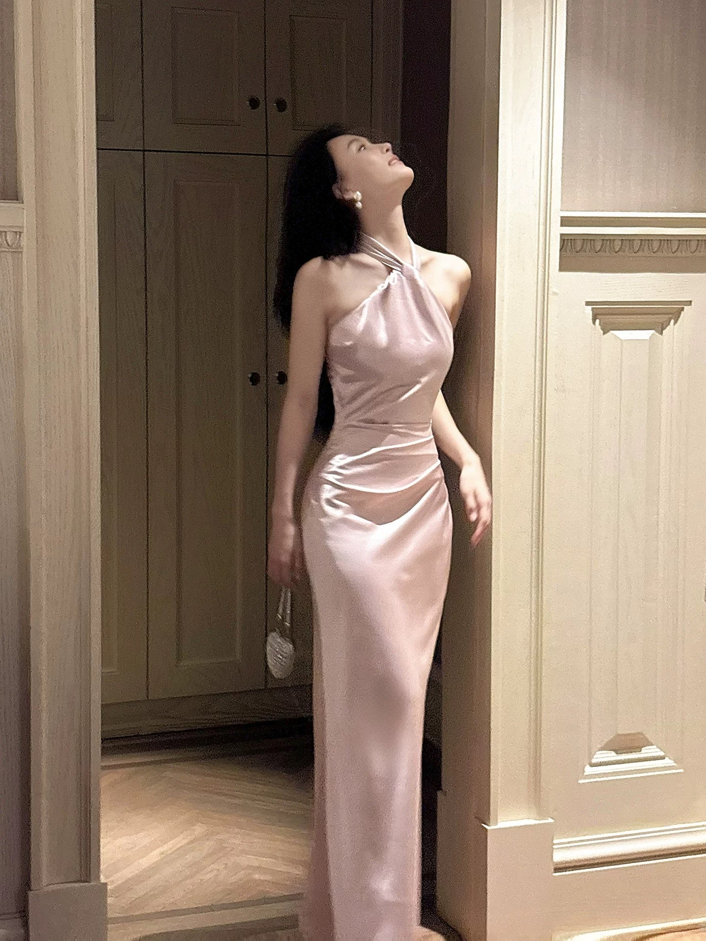Simple Mermaid Halter Satin Pink Inspiration Long Wedding Party Prom Guest Dresses N2099
