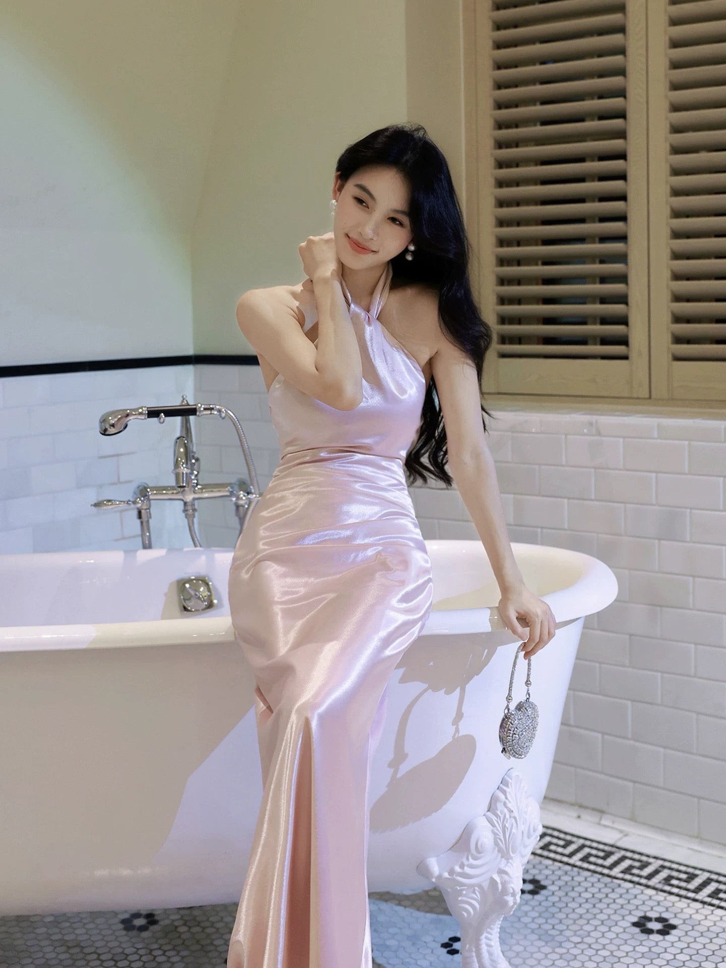 Simple Mermaid Halter Satin Pink Inspiration Long Wedding Party Prom Guest Dresses N2099