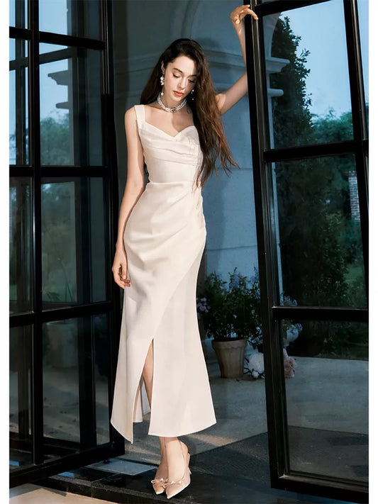 Simple Mermaid Sweetheart White Satin Inspiration Slit Wedding Party Prom Guest Dresses N2100