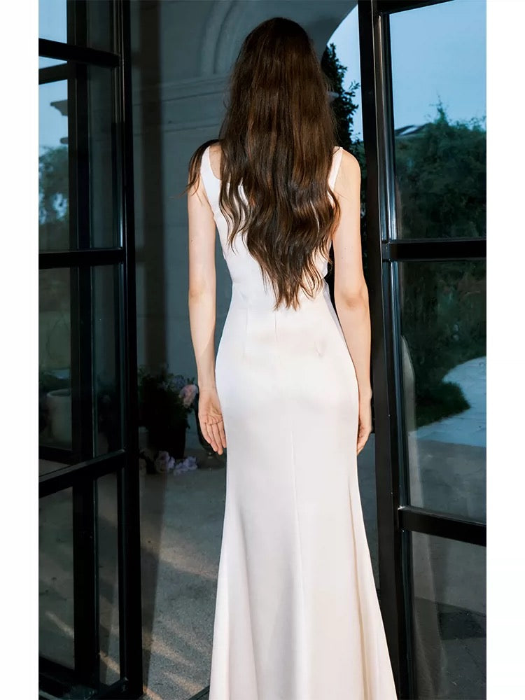 Simple Mermaid Sweetheart White Satin Inspiration Slit Wedding Party Prom Guest Dresses N2100