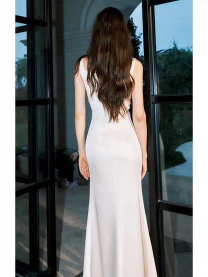 Simple Mermaid Sweetheart White Satin Inspiration Slit Wedding Party Prom Guest Dresses N2100
