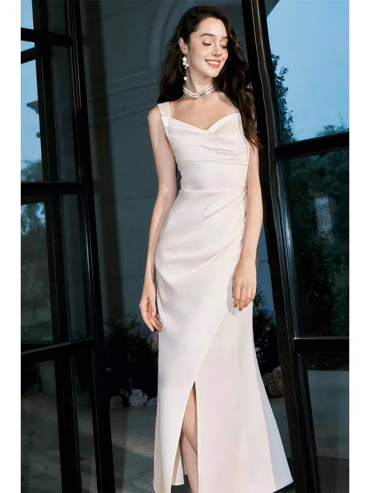 Simple Mermaid Sweetheart White Satin Inspiration Slit Wedding Party Prom Guest Dresses N2100