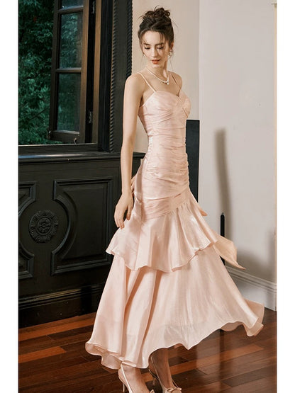 Simple Mermaid Spaghetti Straps Blush Pink Satin Inspiration Long Wedding Party Prom Guest Dresses N2102