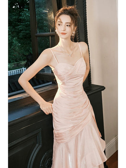 Simple Mermaid Spaghetti Straps Blush Pink Satin Inspiration Long Wedding Party Prom Guest Dresses N2102