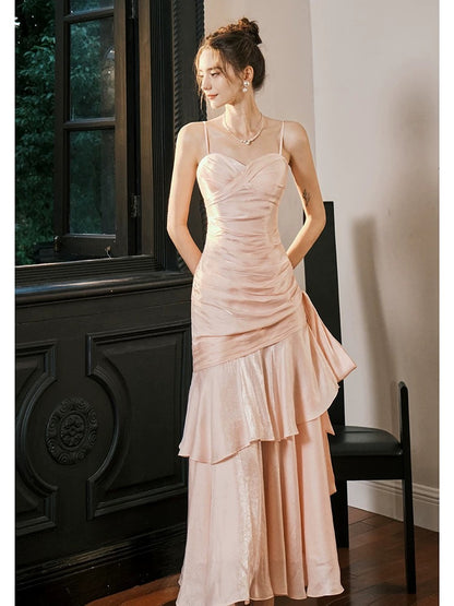 Simple Mermaid Spaghetti Straps Blush Pink Satin Inspiration Long Wedding Party Prom Guest Dresses N2102