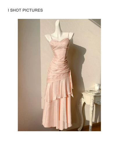 Simple Mermaid Spaghetti Straps Blush Pink Satin Inspiration Long Wedding Party Prom Guest Dresses N2102