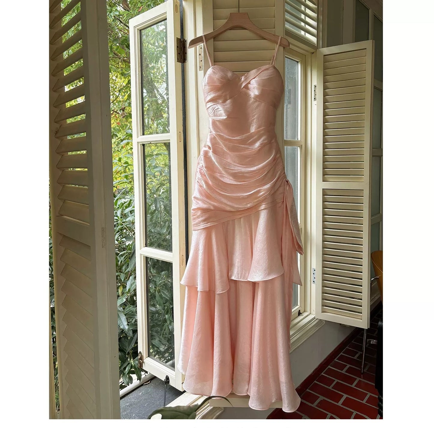 Simple Mermaid Spaghetti Straps Blush Pink Satin Inspiration Long Wedding Party Prom Guest Dresses N2102