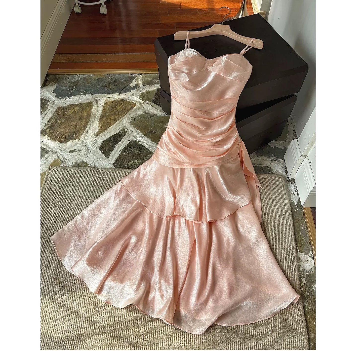Simple Mermaid Spaghetti Straps Blush Pink Satin Inspiration Long Wedding Party Prom Guest Dresses N2102