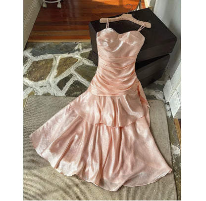 Simple Mermaid Spaghetti Straps Blush Pink Satin Inspiration Long Wedding Party Prom Guest Dresses N2102