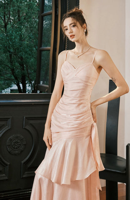 Simple Mermaid Spaghetti Straps Blush Pink Satin Inspiration Long Party Prom Dresses N2103
