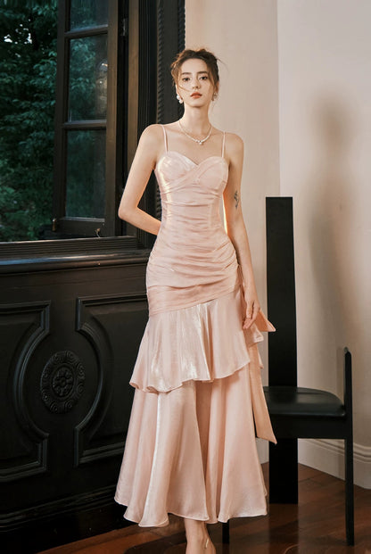 Simple Mermaid Spaghetti Straps Blush Pink Satin Inspiration Long Party Prom Dresses N2103