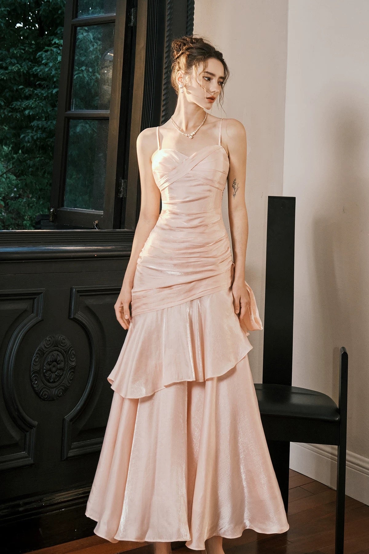 Simple Mermaid Spaghetti Straps Blush Pink Satin Inspiration Long Party Prom Dresses N2103