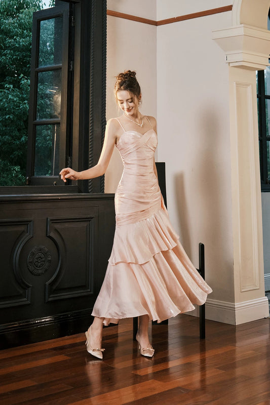 Simple Mermaid Spaghetti Straps Blush Pink Satin Inspiration Long Party Prom Dresses N2103
