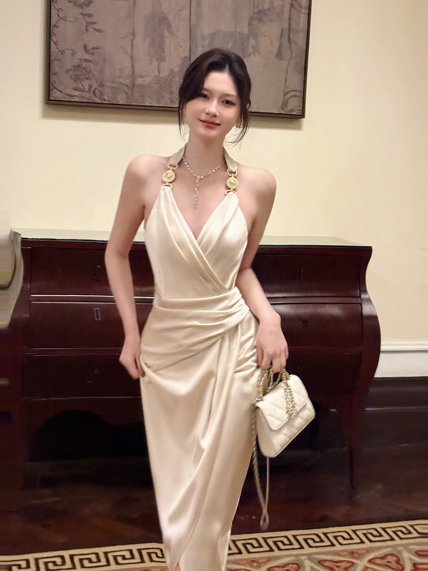 Simple Sheath Halter Tea Length Inspiration Slit Wedding Party Prom Guest Dresses N2103