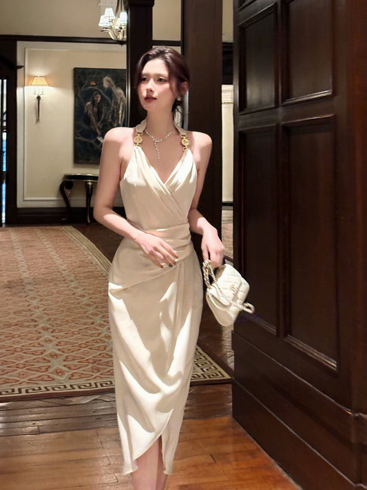 Simple Sheath Halter Tea Length Inspiration Slit Wedding Party Prom Guest Dresses N2103