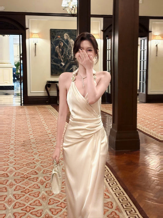 Simple Sheath Halter Tea Length Inspiration Slit Wedding Party Prom Guest Dresses N2103