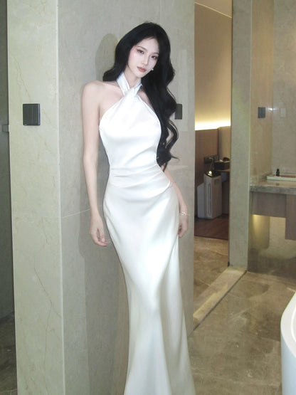 Simple Mermaid Halter Floor Length Inspiration Satin Wedding Party Prom Guest Dresses N2106
