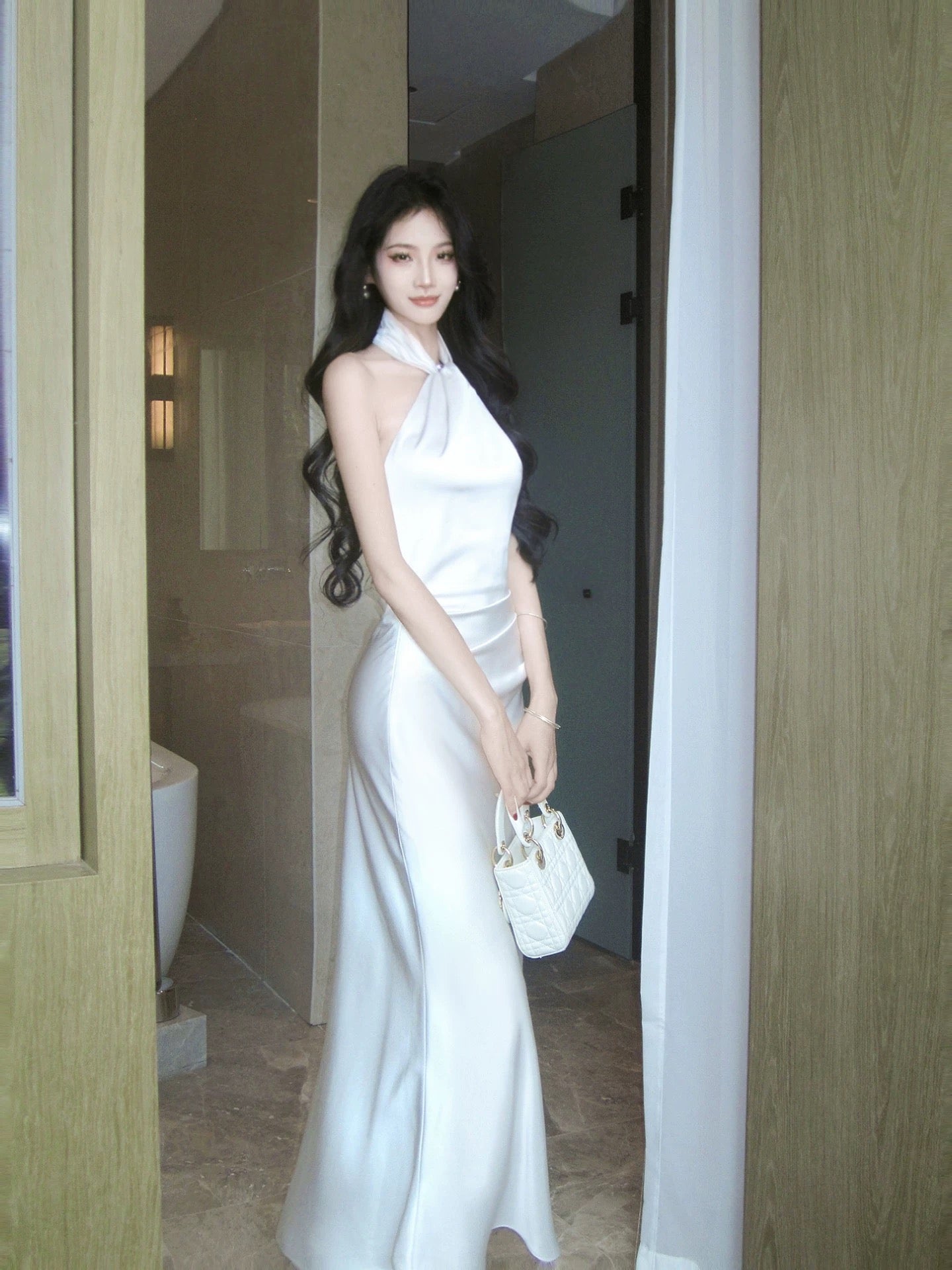 Simple Mermaid Halter Floor Length Inspiration Satin Wedding Party Prom Guest Dresses N2106