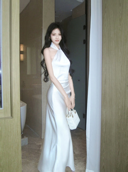 Simple Mermaid Halter Floor Length Inspiration Satin Wedding Party Prom Guest Dresses N2106