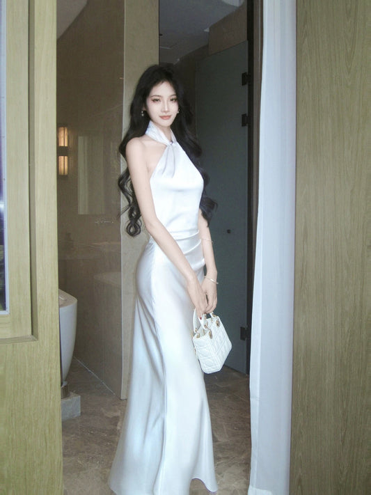 Simple Mermaid Halter Floor Length Inspiration Satin Wedding Party Prom Guest Dresses N2106
