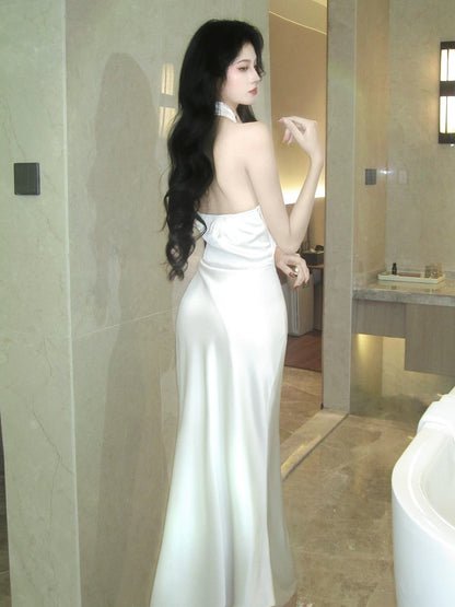 Simple Mermaid Halter Floor Length Inspiration Satin Wedding Party Prom Guest Dresses N2106