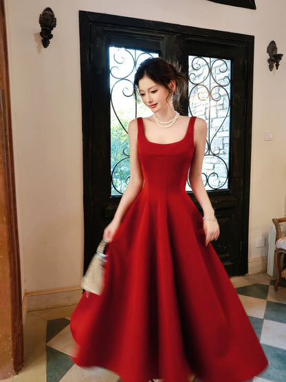 Simple A Line Square Neck Red Satin Summer Formal For Women Girls Teens Prom Dresses N2211