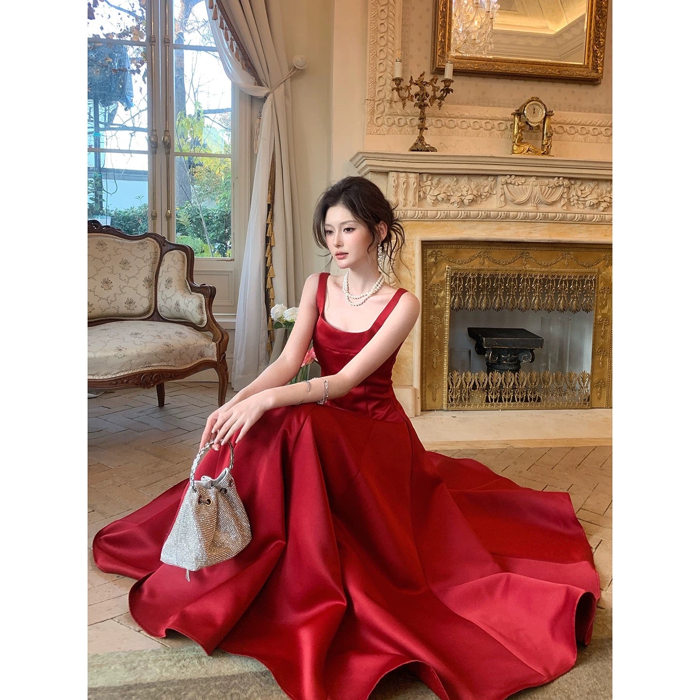 Simple A line Square Neck Satin Burgundy Inspiration Long Wedding Party Prom Guest Dresses N2105