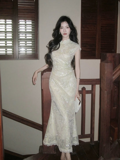 Simple Mermaid High Neck Lace Floor Length Inspiration Wedding Party Prom Guest Dresses N2108