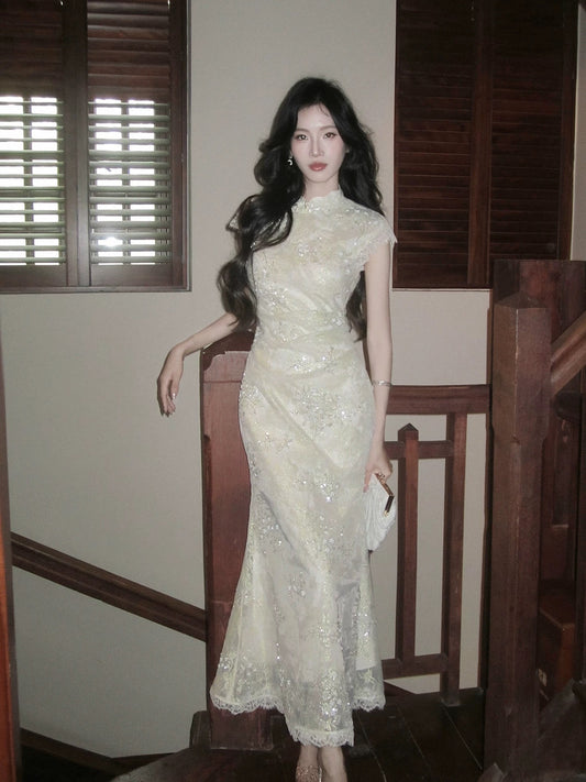 Simple Mermaid High Neck Lace Floor Length Inspiration Wedding Party Prom Guest Dresses N2108