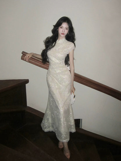 Simple Mermaid High Neck Lace Floor Length Inspiration Wedding Party Prom Guest Dresses N2108
