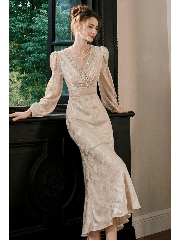 Simple Mermaid V Neck Satin Floor Length Inspiration Wedding Party Prom Guest Dresses N2109